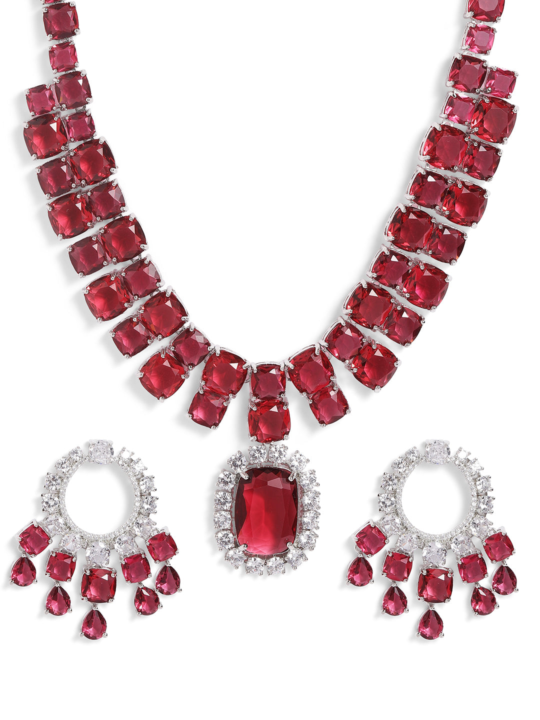 Red Colour Silver Plated AD Jewellery Set