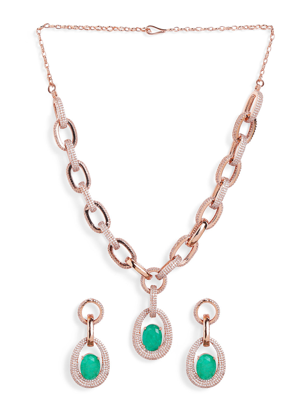 Green Colour Rose Gold Plated AD Jewellery Set
