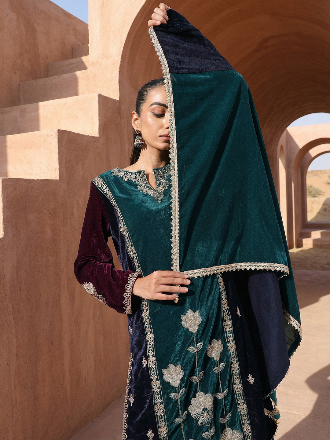 Rich Teal Embroidered Straight Fit Kurta Sets In Velvet