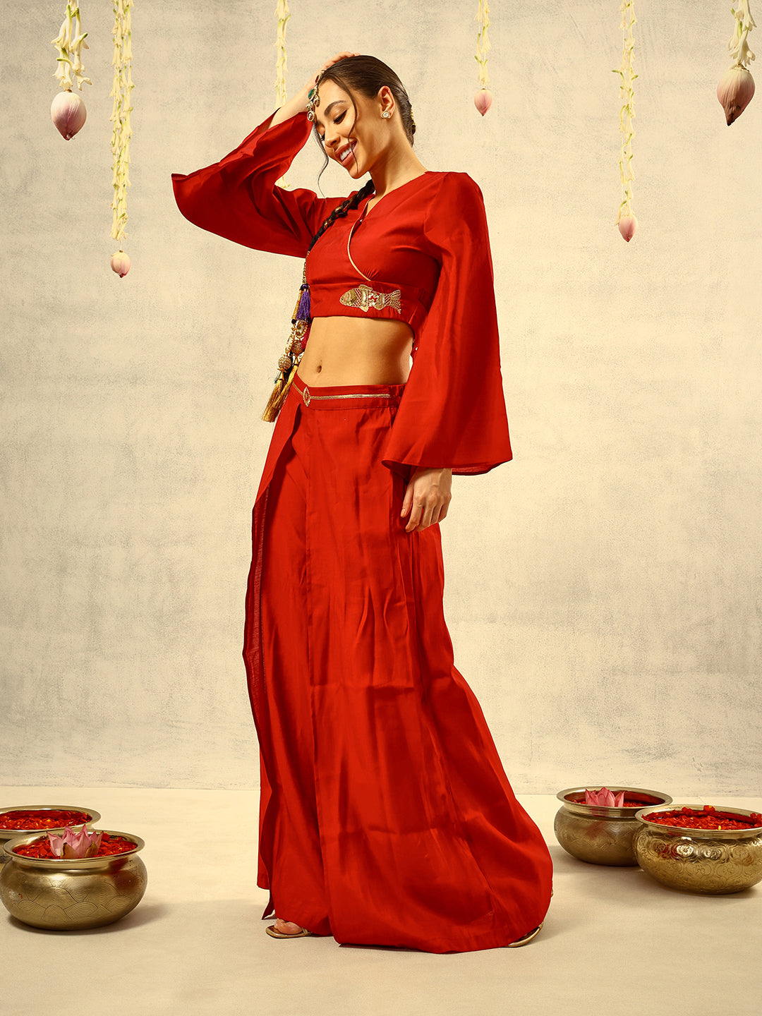 Maroon Zari Embroidered  Festive Tie Up CropTop with Layered Palazzo