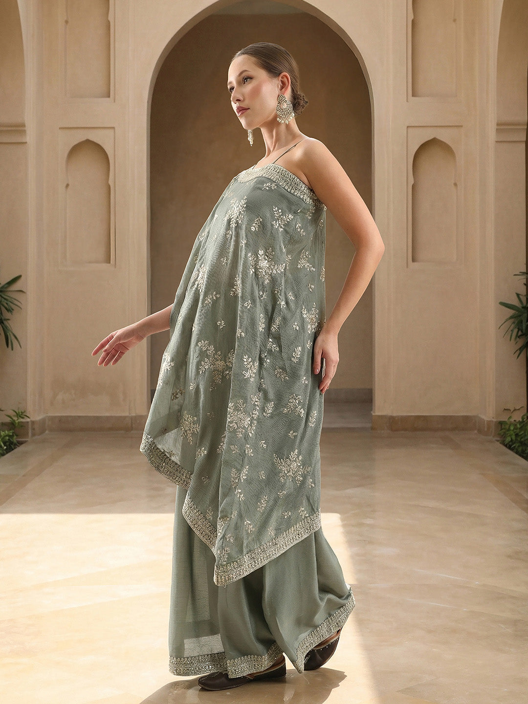 Rich Chinon Embroidered Brown Embroidered A Line Co-Ords ShararaBottom