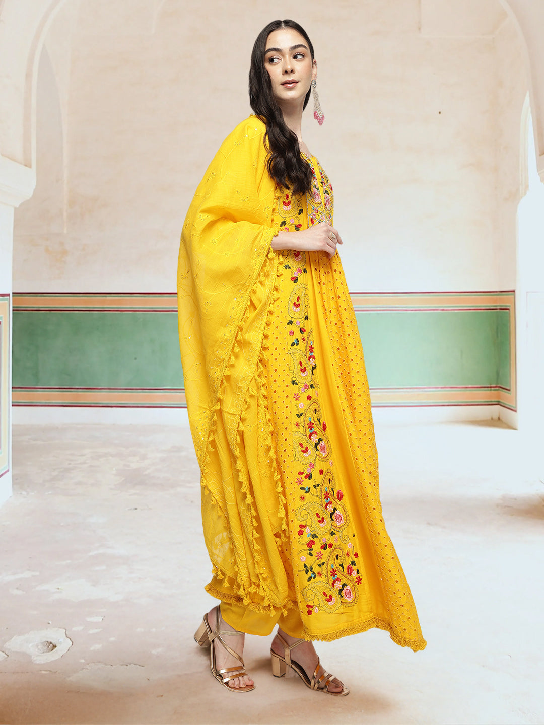Graceful Yellow Rayon Schiffli Embroidered A-line Kurta Set with dupatta