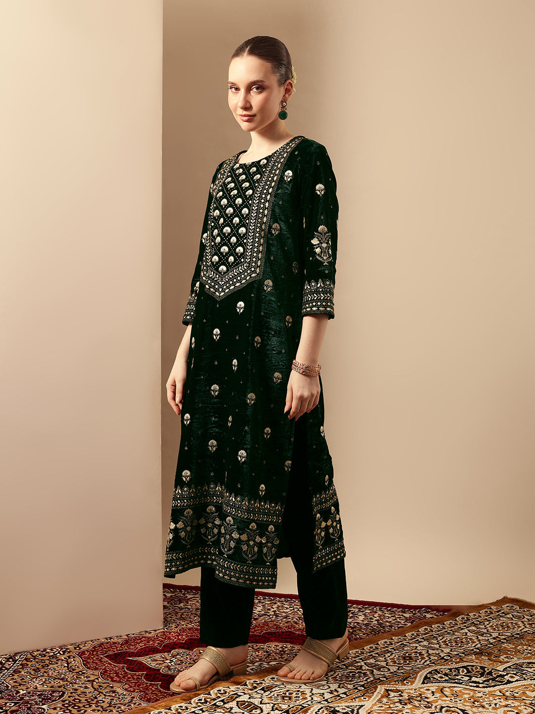 Rich Dark Green Velvet Gold Print Straight Kurta sets with dupatta