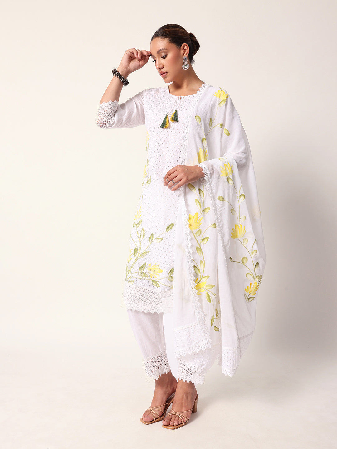 Graceful White cotton shiffly hand painted straight fit kurta set with dupatta