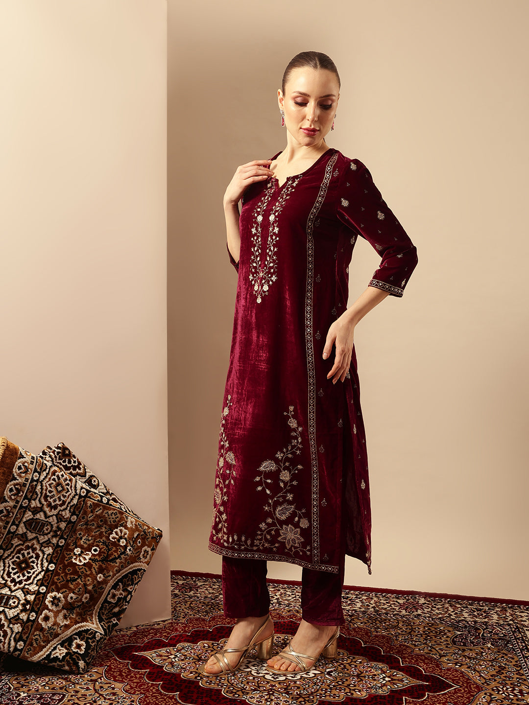 Rich Wine Velvet Gold Print Straight Kurta sets with dupatta