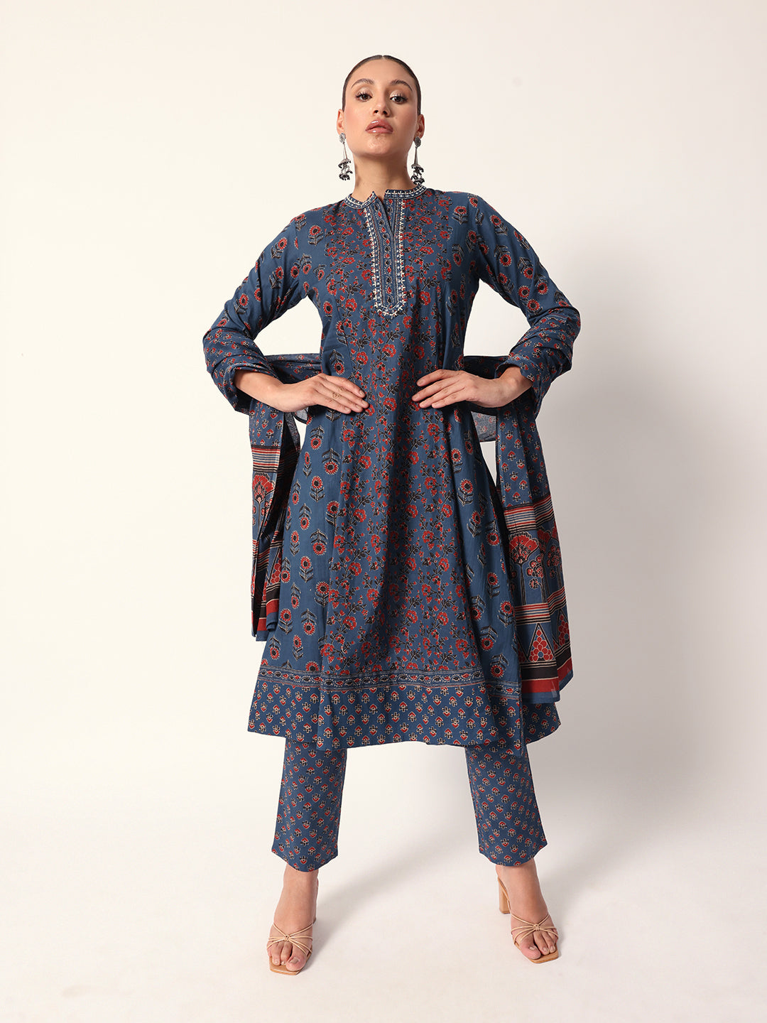 Comfy Blue Cotton floral printed Aline Fit kurta set with dupatta