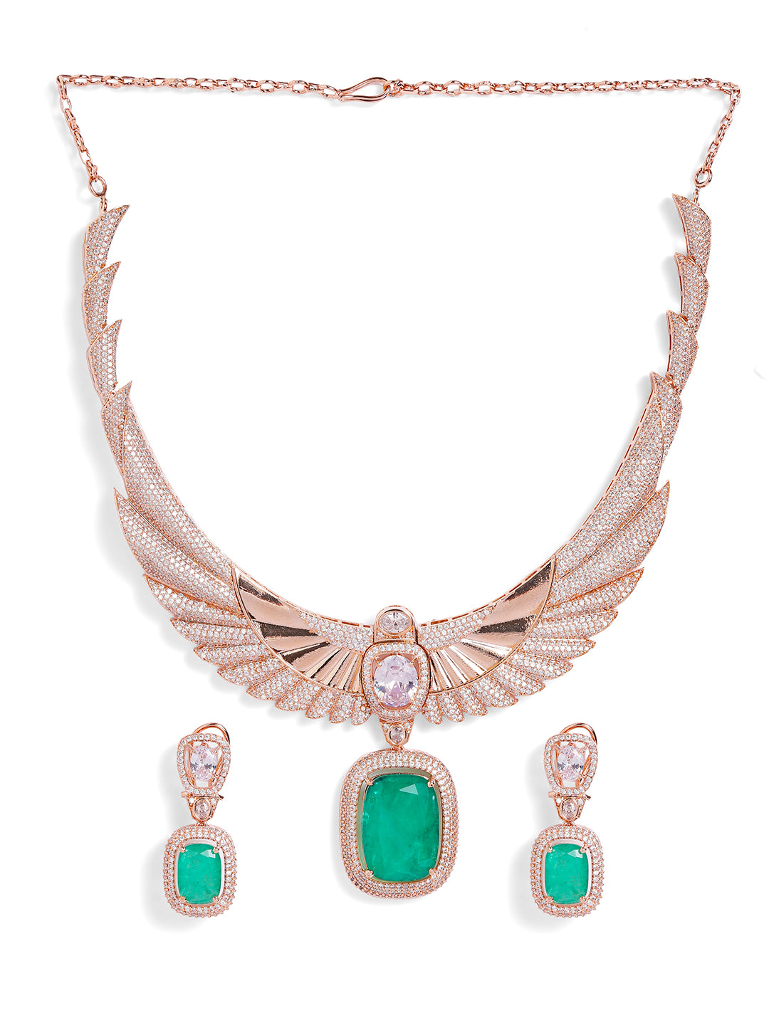 Green Colour Rose Gold Plated AD Jewellery Set