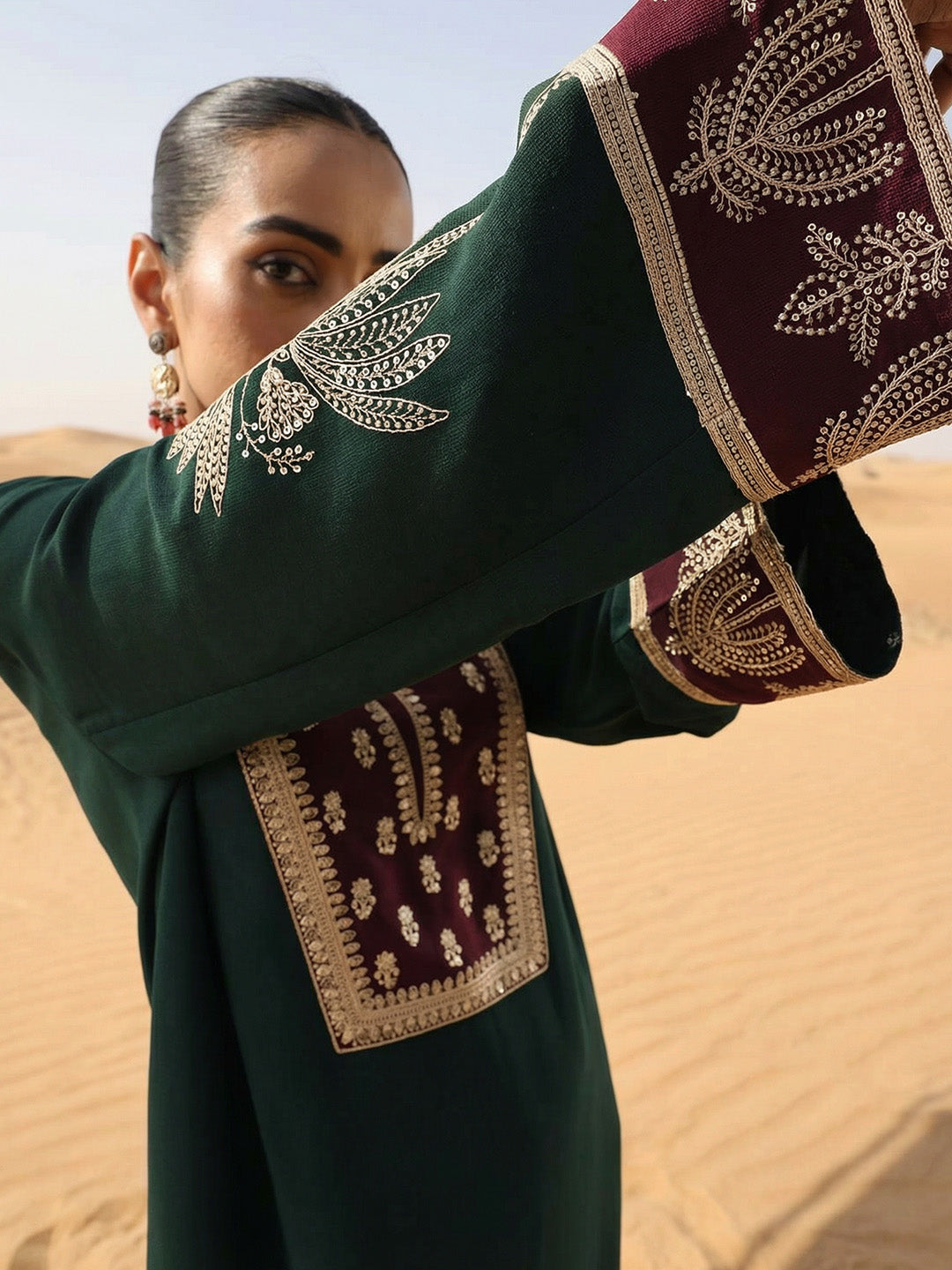 Rich Embroidered Woven Green Abaya