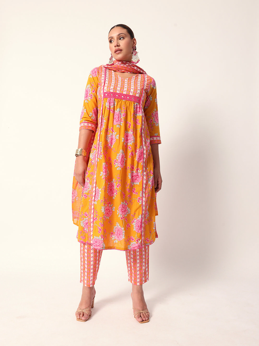 Comfy Mustard cotton floral printed anarkali fit kurta set with dupatta