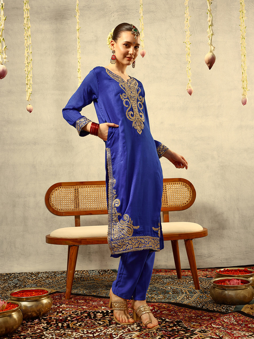 Ishin Royal Blue Cording & Zari Embroidered  Festive Kurta with Trouser & Organza Dupatta