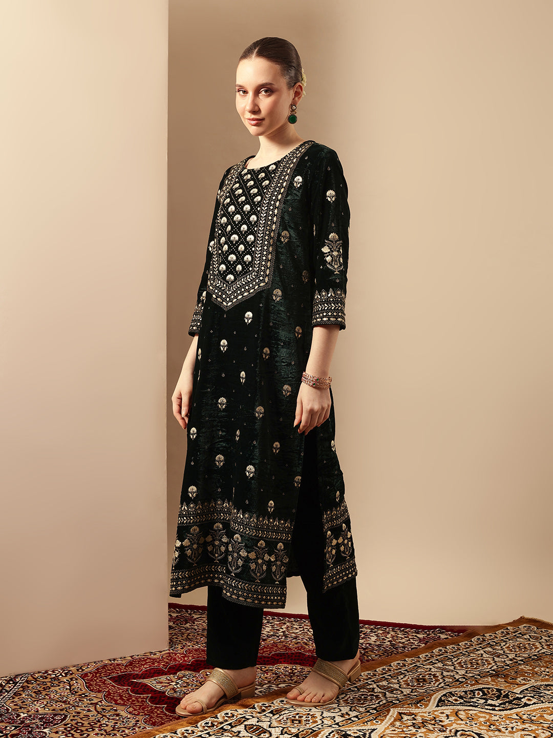 Rich Dark Green Velvet Gold Print Straight Kurta sets with dupatta