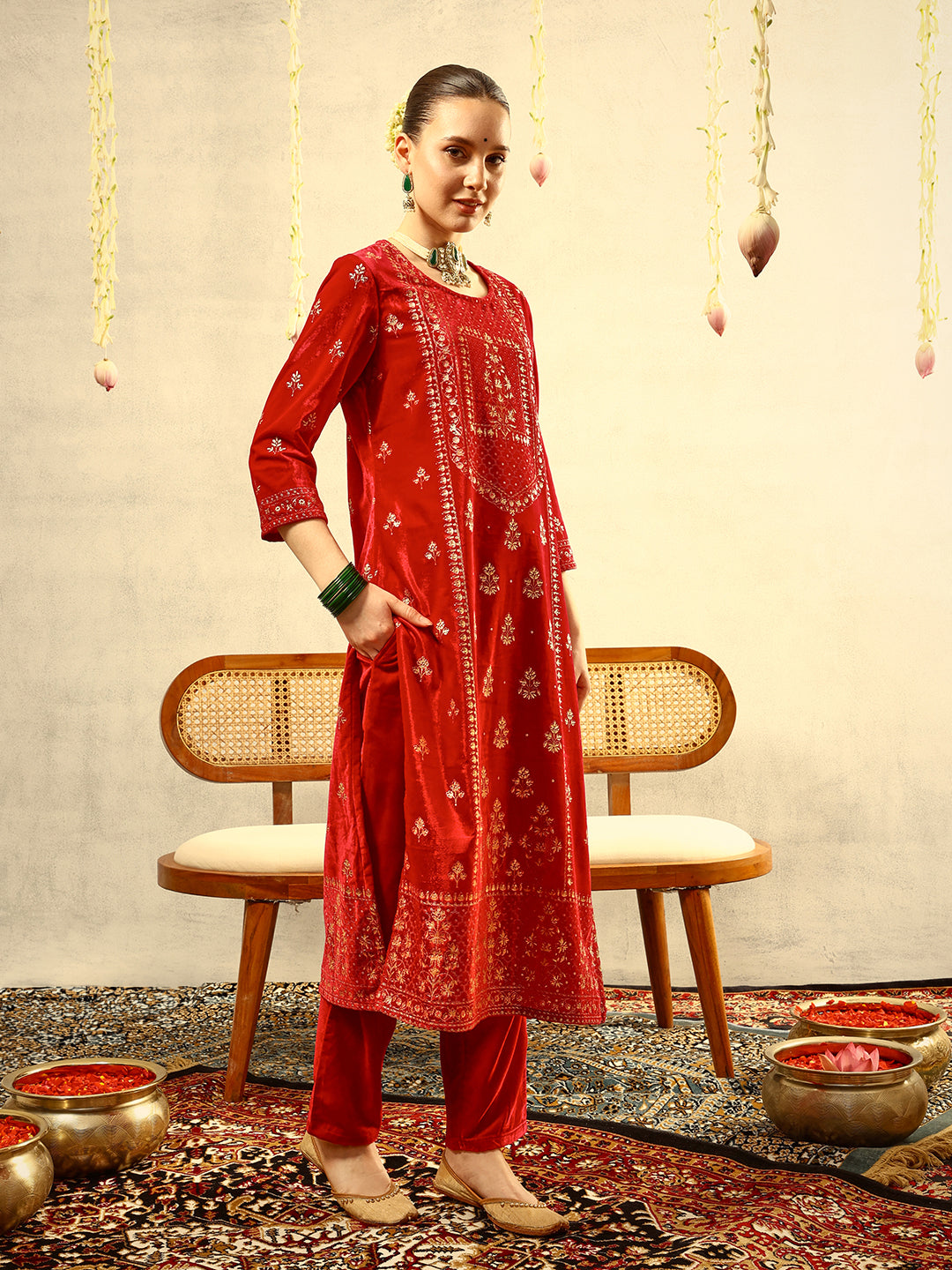 Ishin Pink Gold Print Festive Kurta with Trouser & Velvet Dupatta