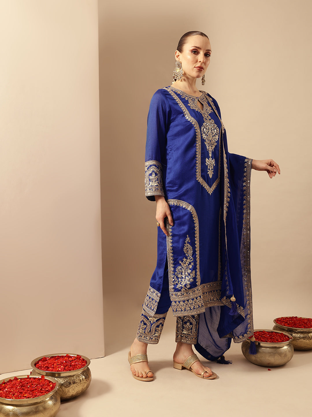 Rich Royal Blue Embroidered Kurta set with organza dupatta