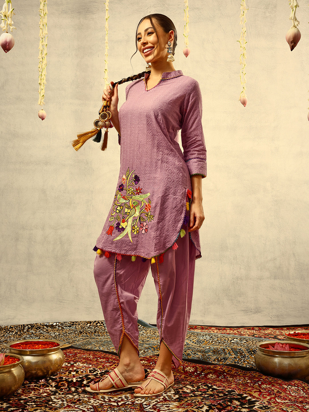 Ishin Purple Bohemian Thread Embroidered Kurta with Dhoti Pants