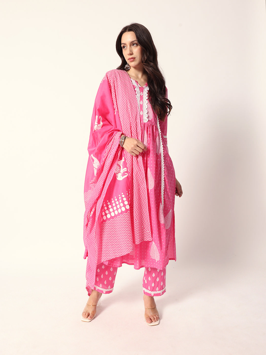 Comfy Pink cotton motif printed Aline fit kurta set with dupatta and tote bag