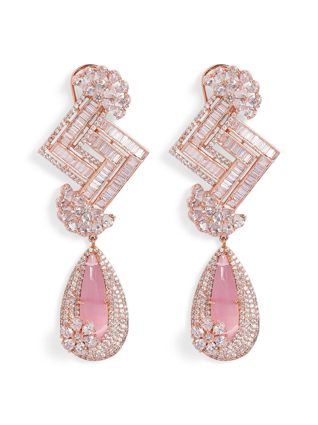 Pink Colour Rose Gold Plated AD Drop Earring