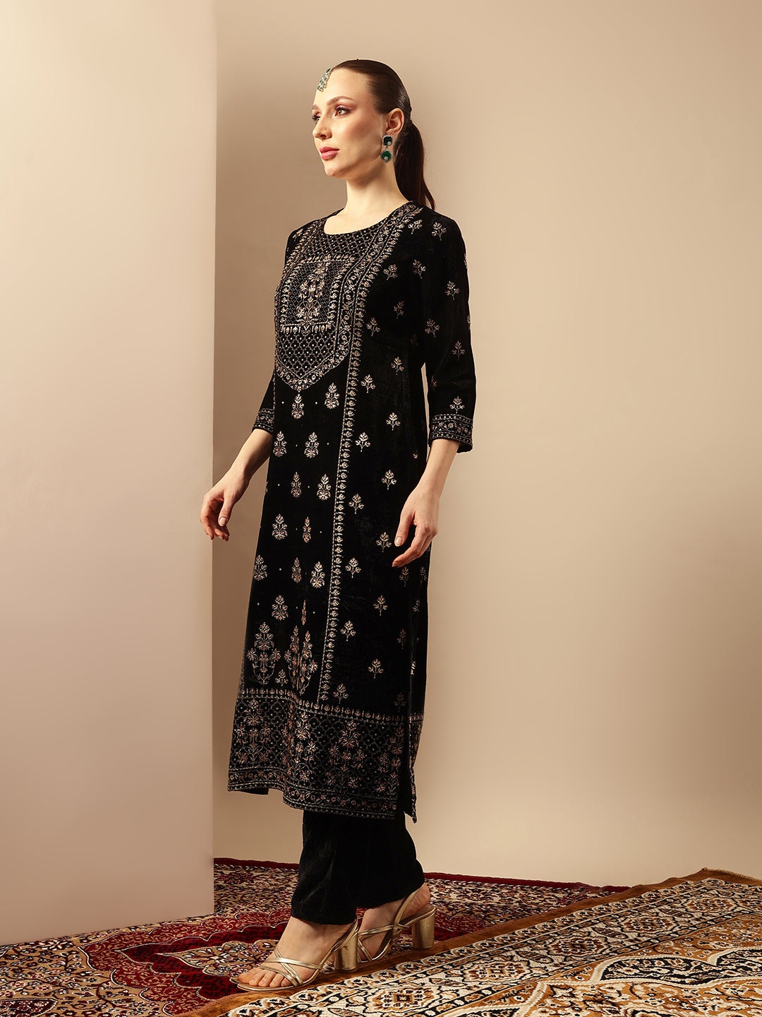 Rich Black Velvet Gold Print Straight Kurta sets with dupatta