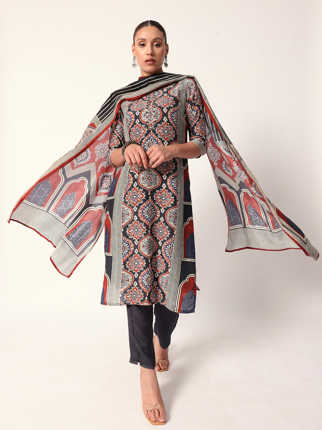 Comfy Black cotton blend floral printed embroidered straight fit kurta set with dupatta