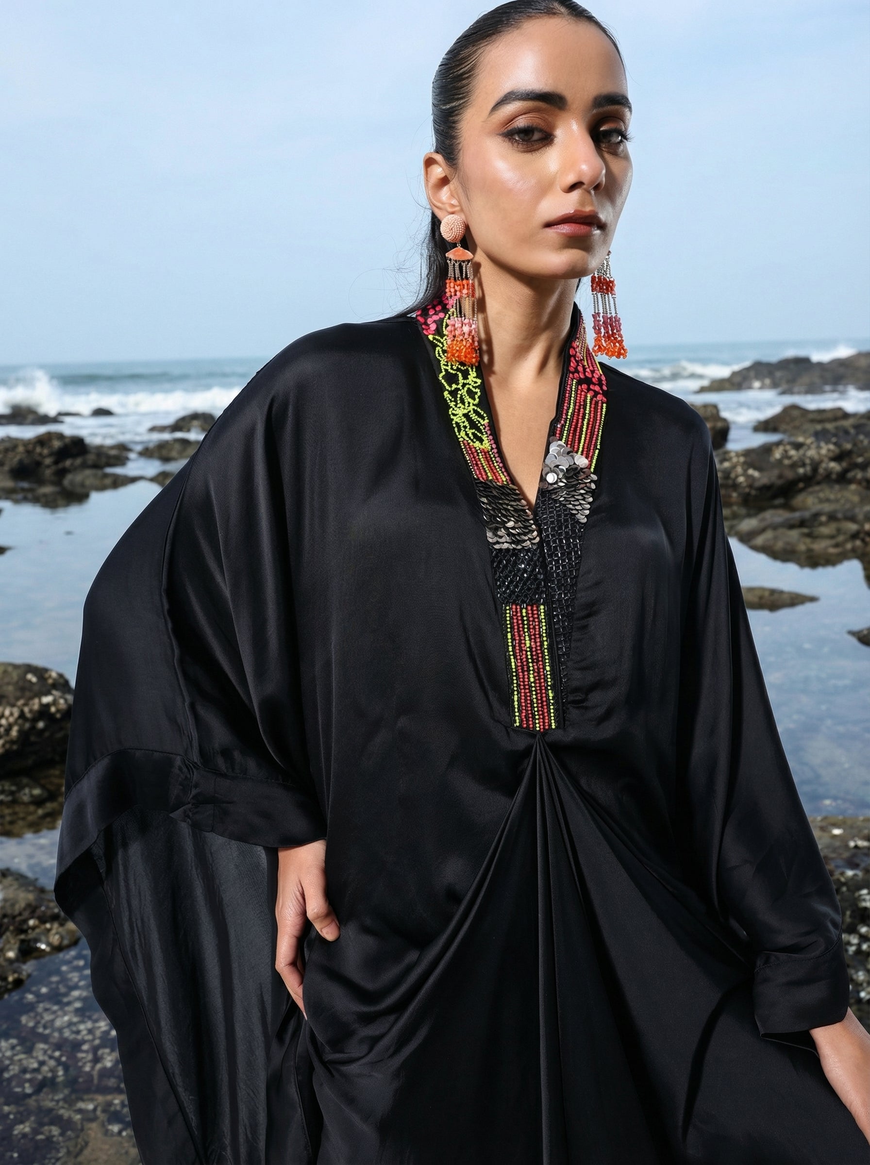 Rich Black Embroidered  Drape Kaftan set