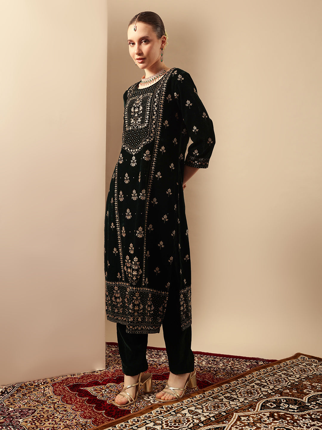 Rich Green Velvet Gold Print Straight Kurta sets with dupatta