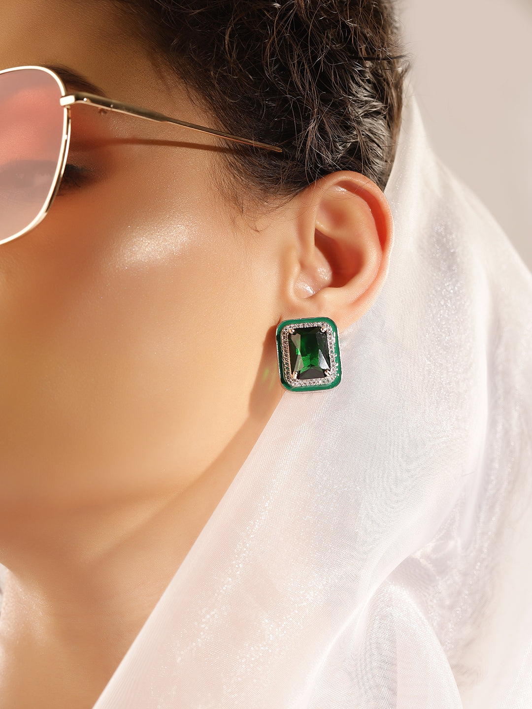 Green Colour Silver Plated AD Studs Earring
