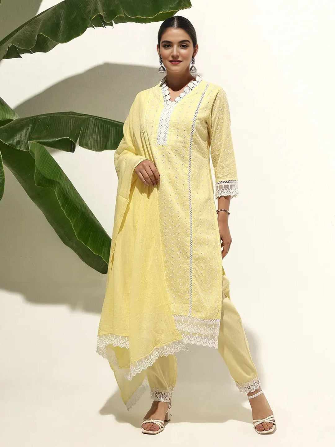 Graceful Yellow Cotton Schiffli Straight Fit  Kurta Set with floral Lace dupatta