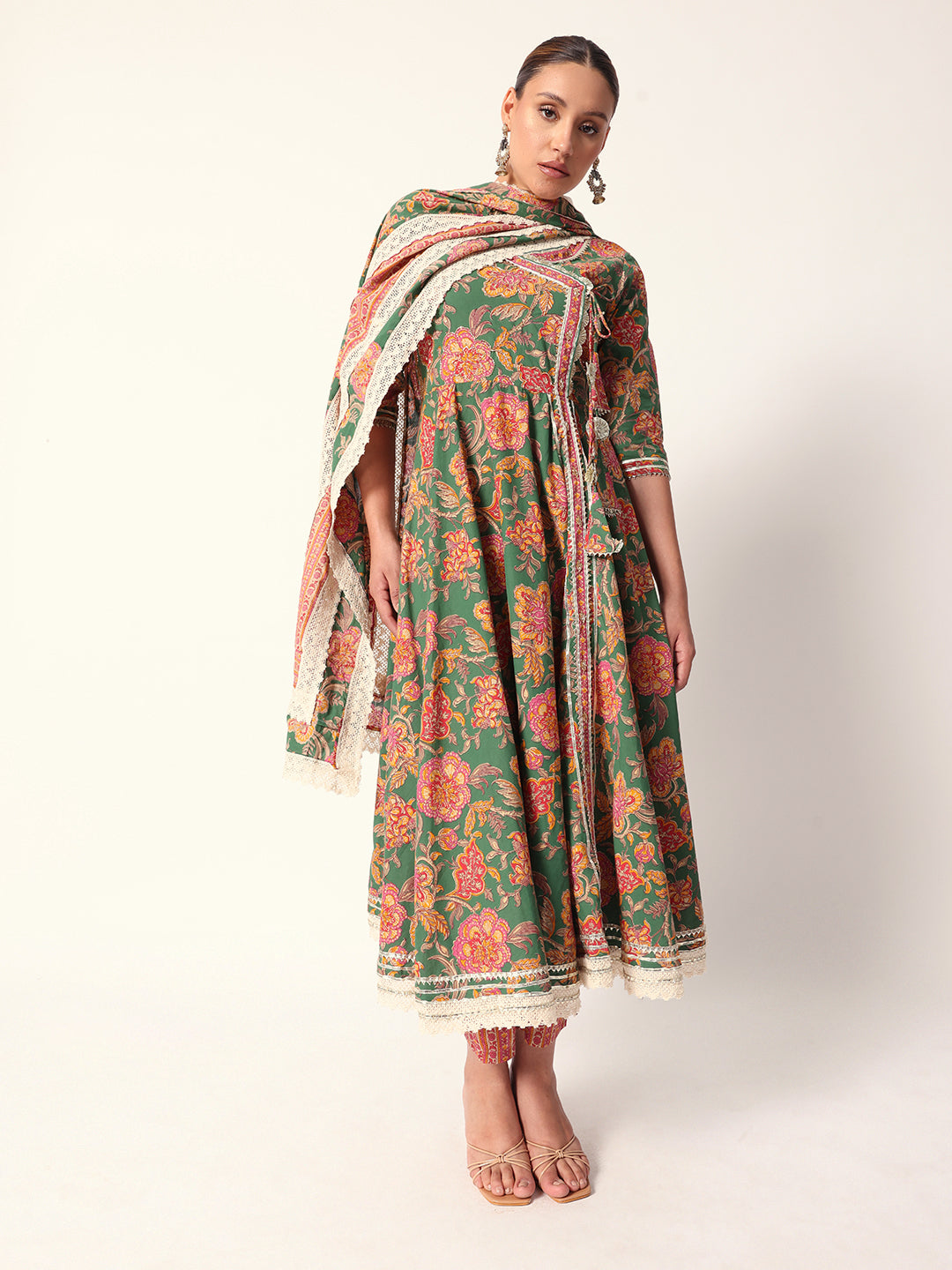 Graceful green cotton floral printed angrakha fit kurta set with dupatta