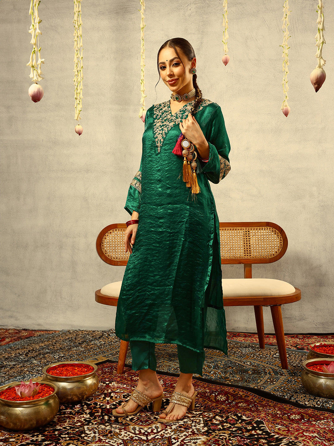 Green Cording & Zari Embroidered  Festive Kurta with Trouser & Embellished Organza Dupatta