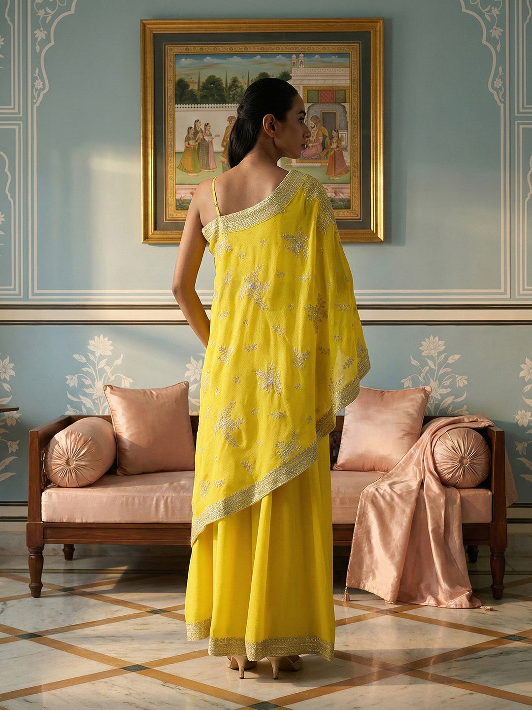 Rich Chinon Embroidered Yellow Embroidered A Line Co-Ords ShararaBottom