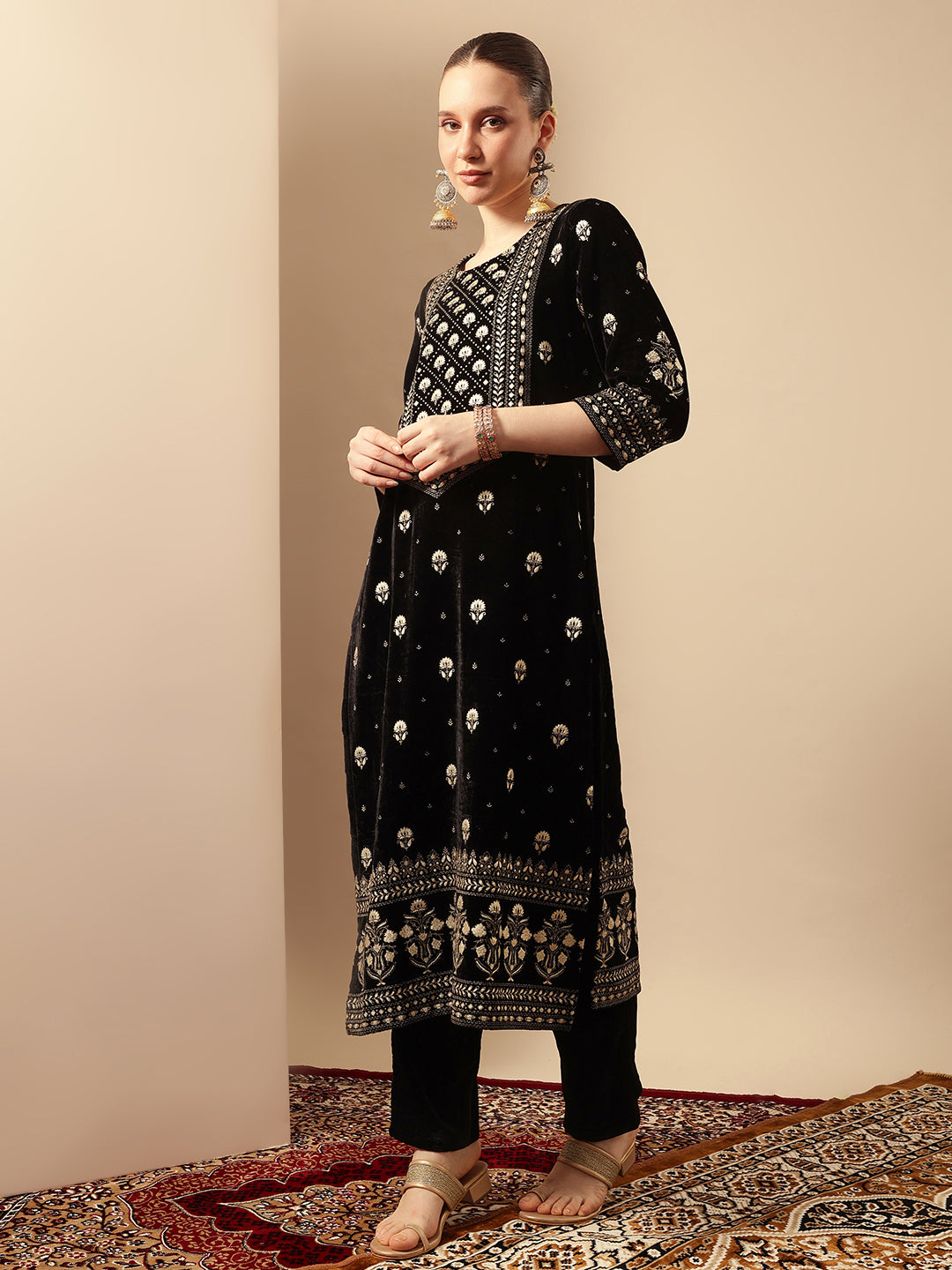 Rich Black Velvet Gold Print Straight Kurta sets with dupatta