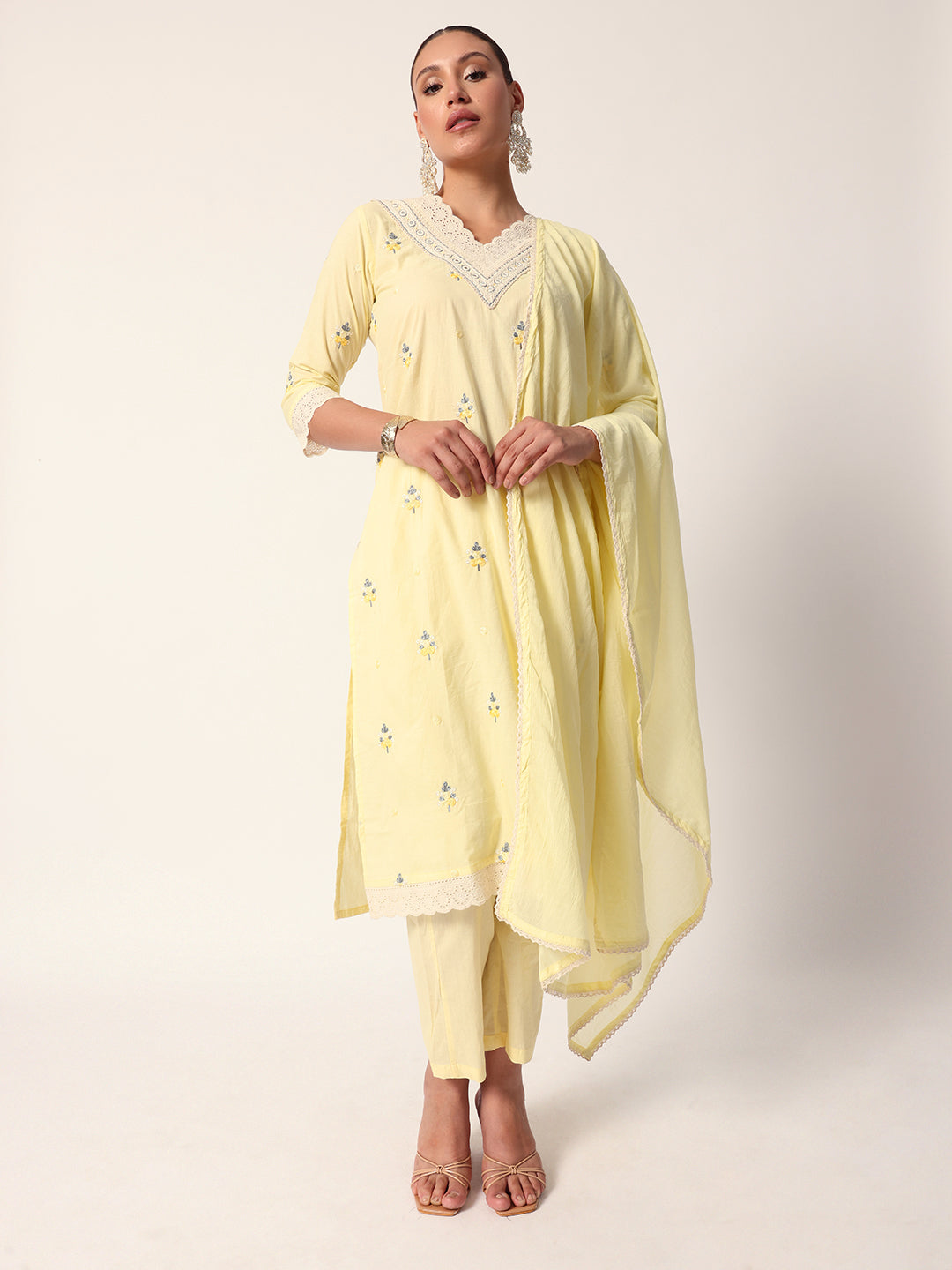 Comfy Yellow cotton embroidered shiffly scalloping straight fit kurta set with dupatta