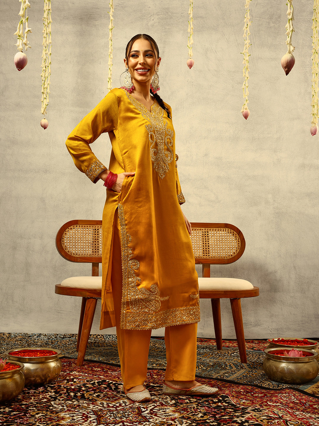 Mustard Cording & Zari Embroidered Festive Kurta with Trouser & full width Organza Dupatta
