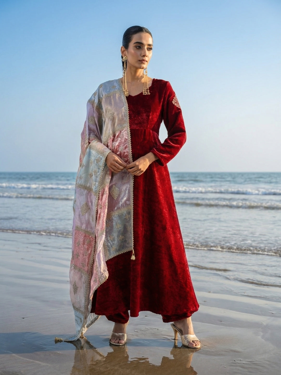 Rich Maroon Organza Patchwork Embroidered Anarkali Kurta Set