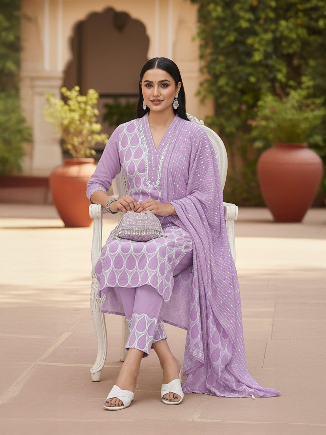 Ishin Women Purple Cotton 3Pcs Kurta Set