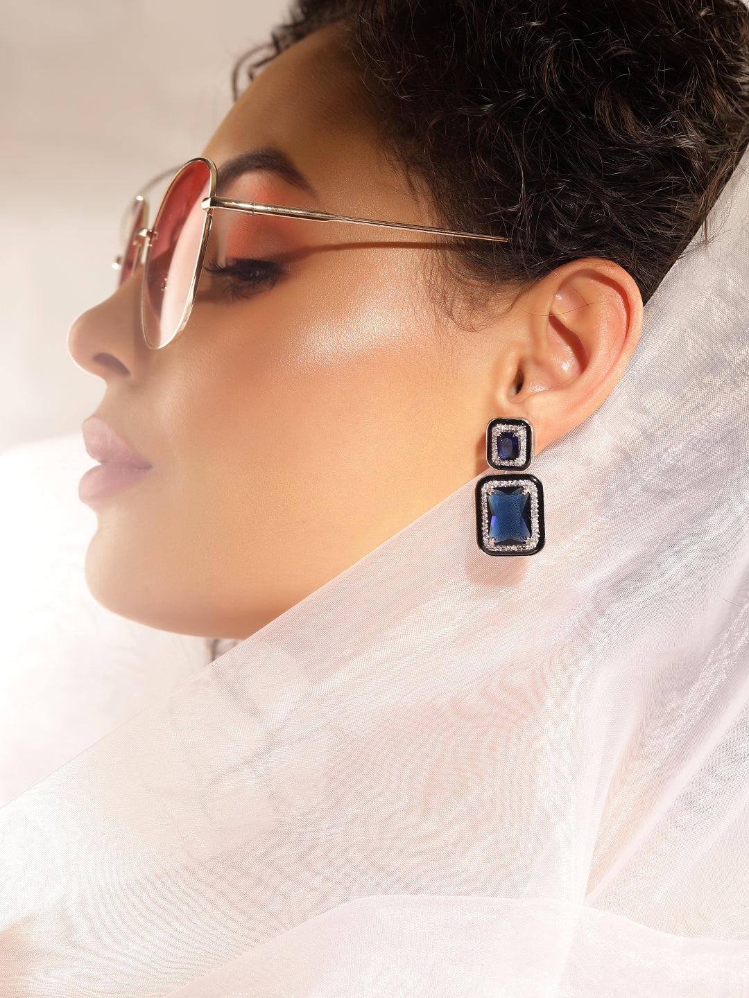 Blue Colour Silver Plated AD Drop Earring