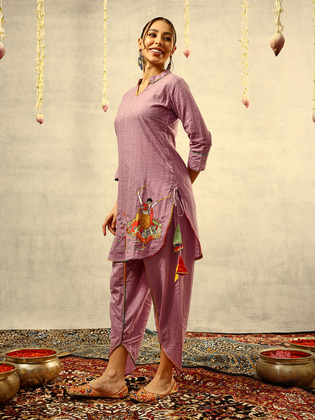 Purple Bohemian Thread Embroidered Kurta with Dhoti Pants