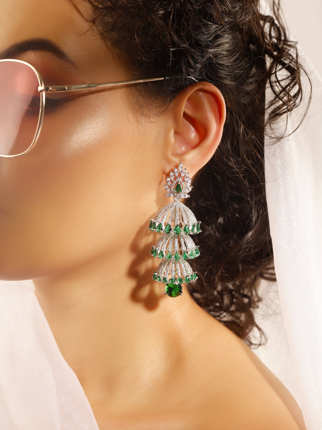 Green Colour Silver Plated AD Jhumka Earring