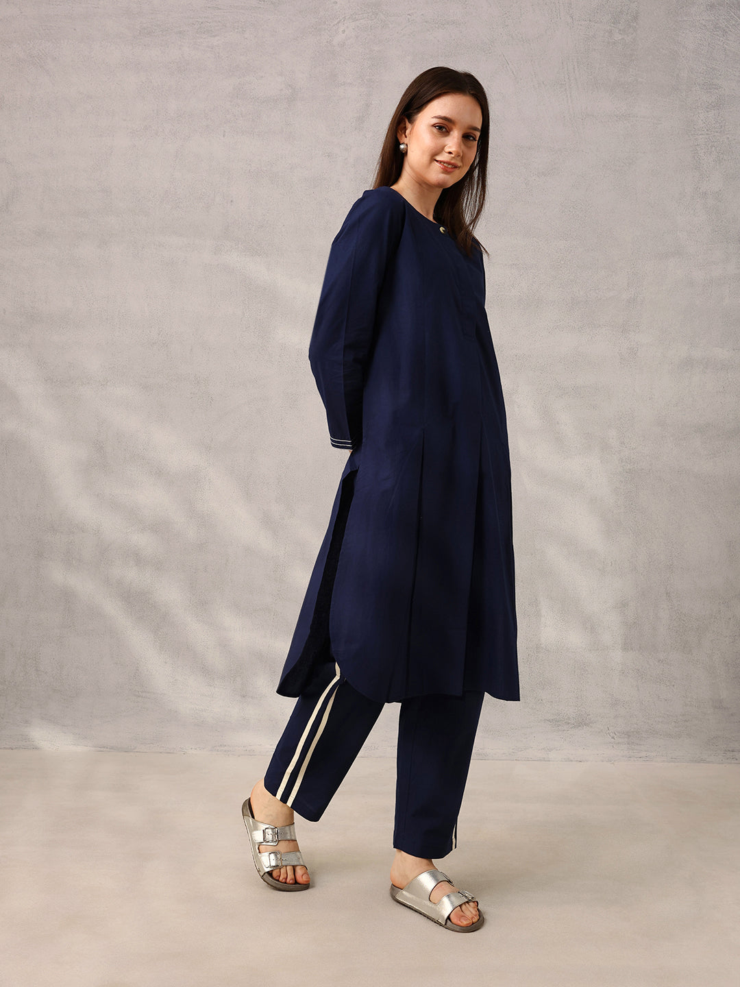 Navy Workwear  Tailored Solid Kurta with Trouser