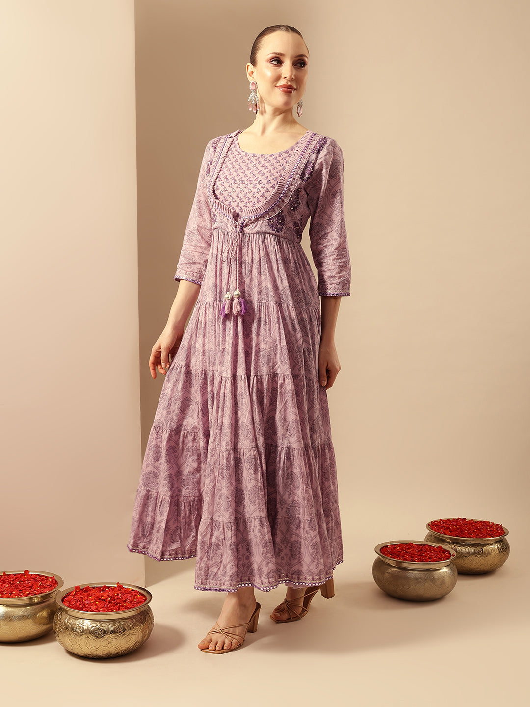 Comfy Flared Embellished Lavender Dress