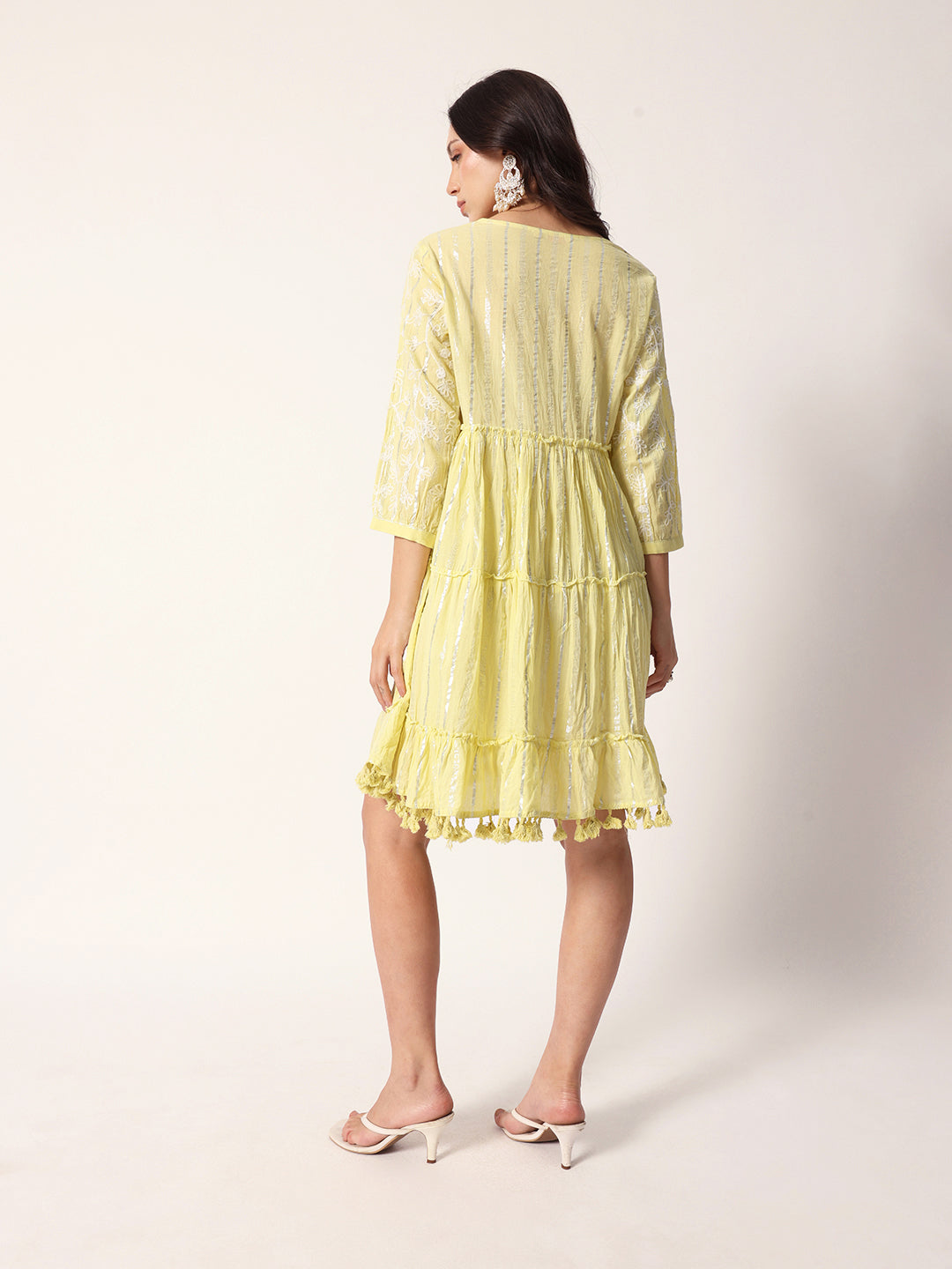 Comfy Yellow Cotton Embroiderd with tassels Tiered dress