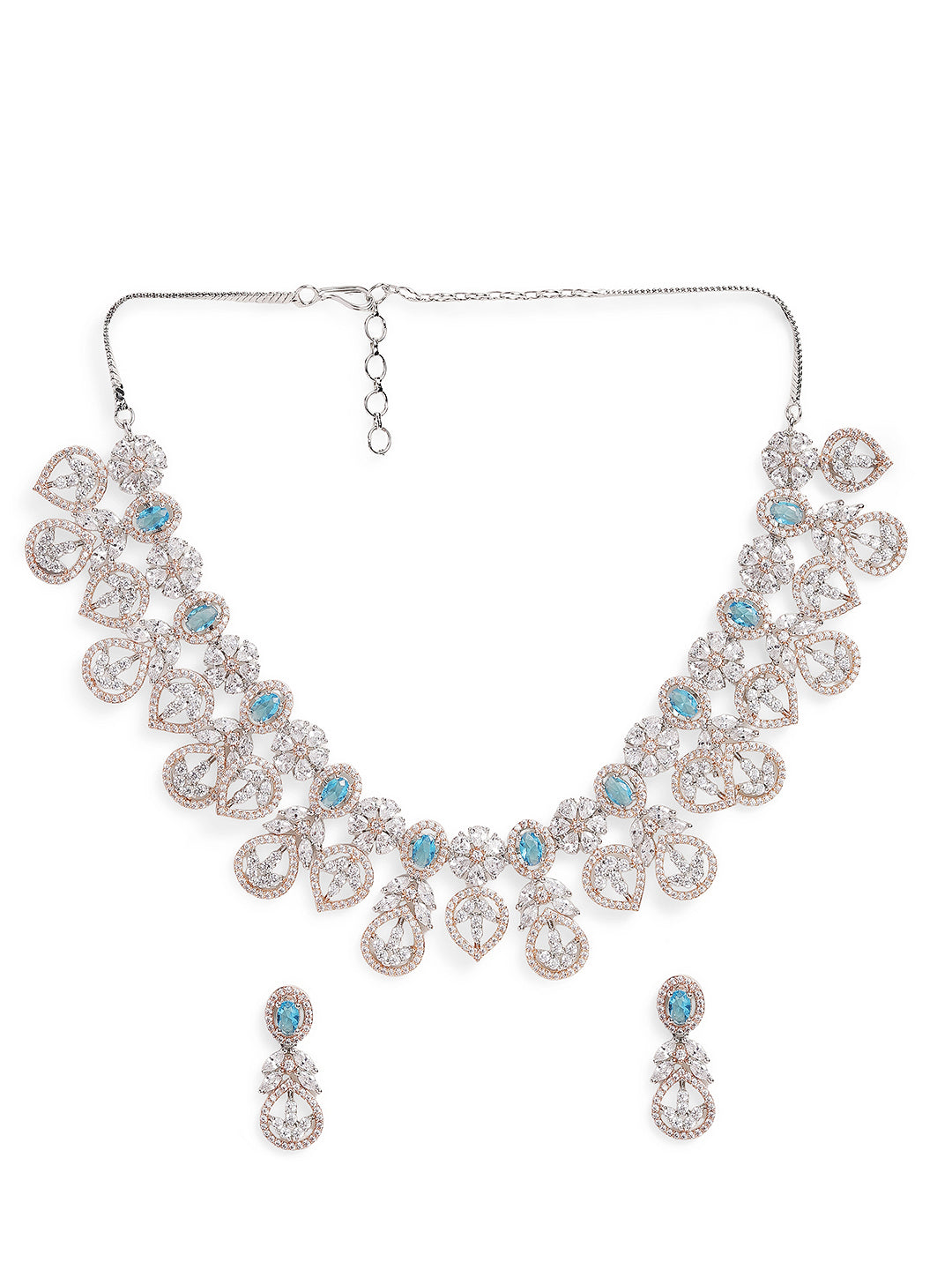 Aqua Colour Silver Plated American Diamond Jewellery Set