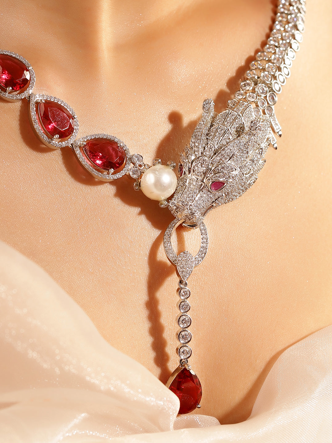 Red Colour Silver Plated AD Jewellery Set