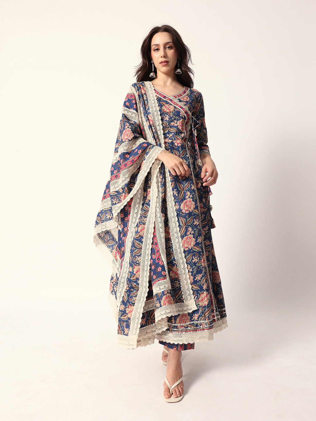Graceful Blue cotton floral printed angrakha fit kurta set with dupatta