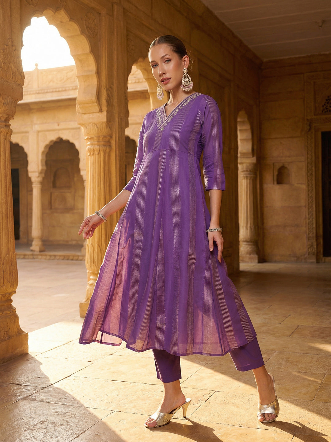 Rich Purple Embroidered A- Line Kurta sets