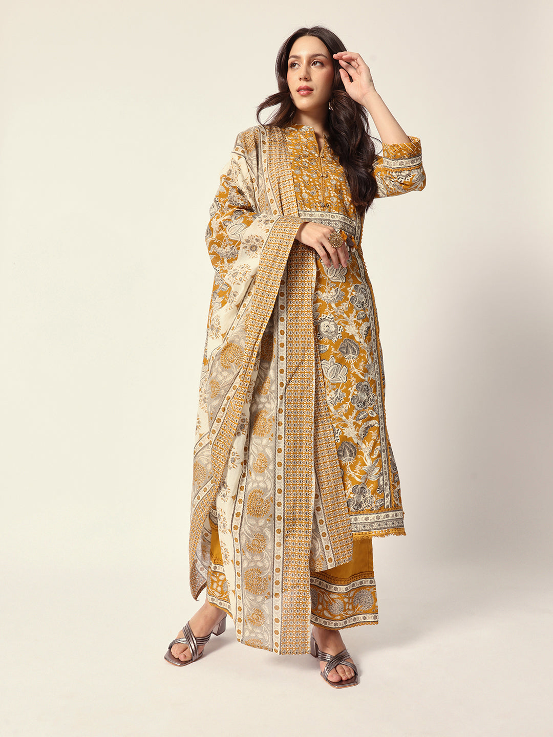 Comfy Yellow cotton floral printed with embroidery straight fit kurta set with dupatta