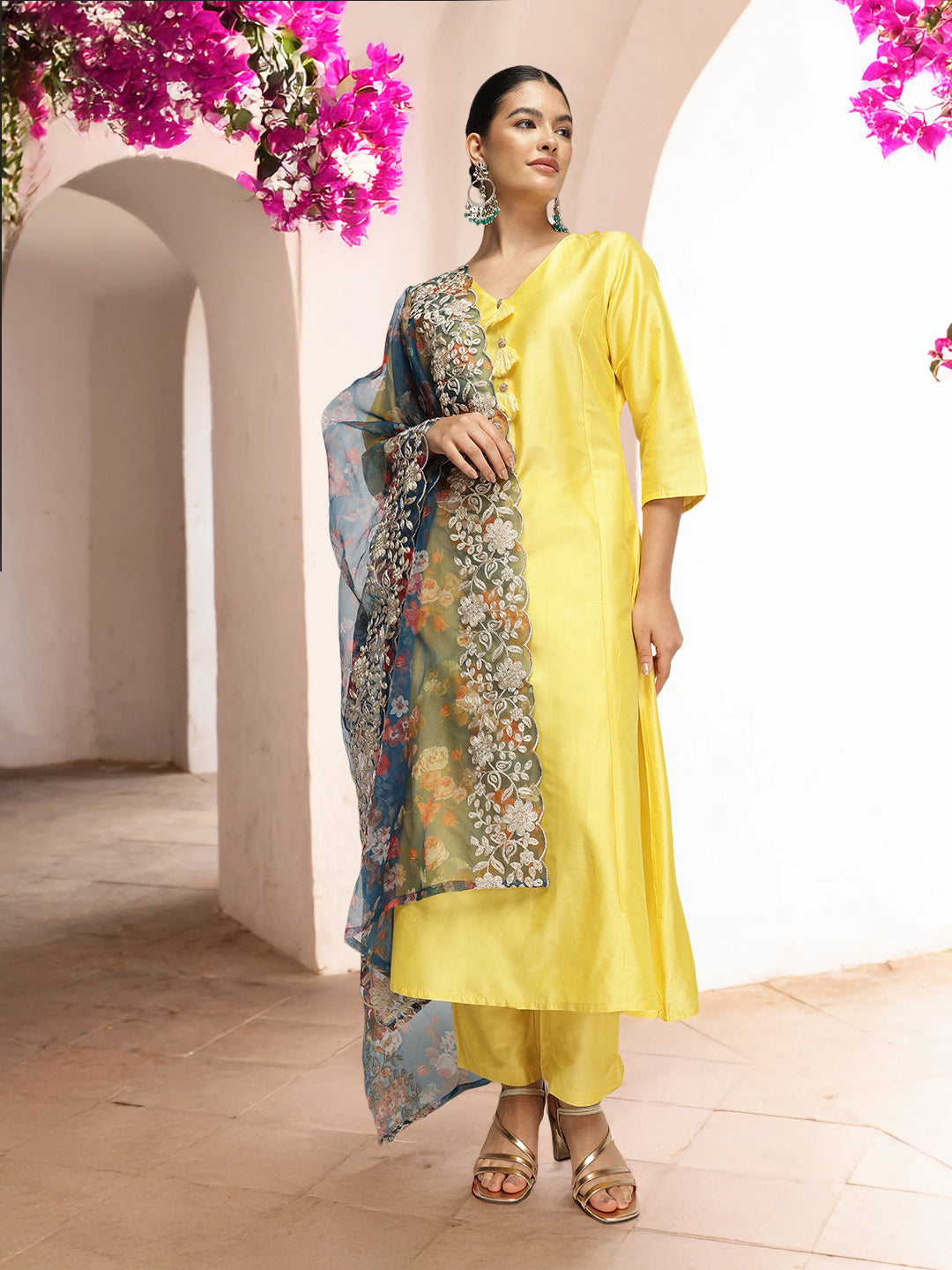 Graceful  Yellow  Poly Silk Zari Embroidered A-line Kurta Set with statement dupatta