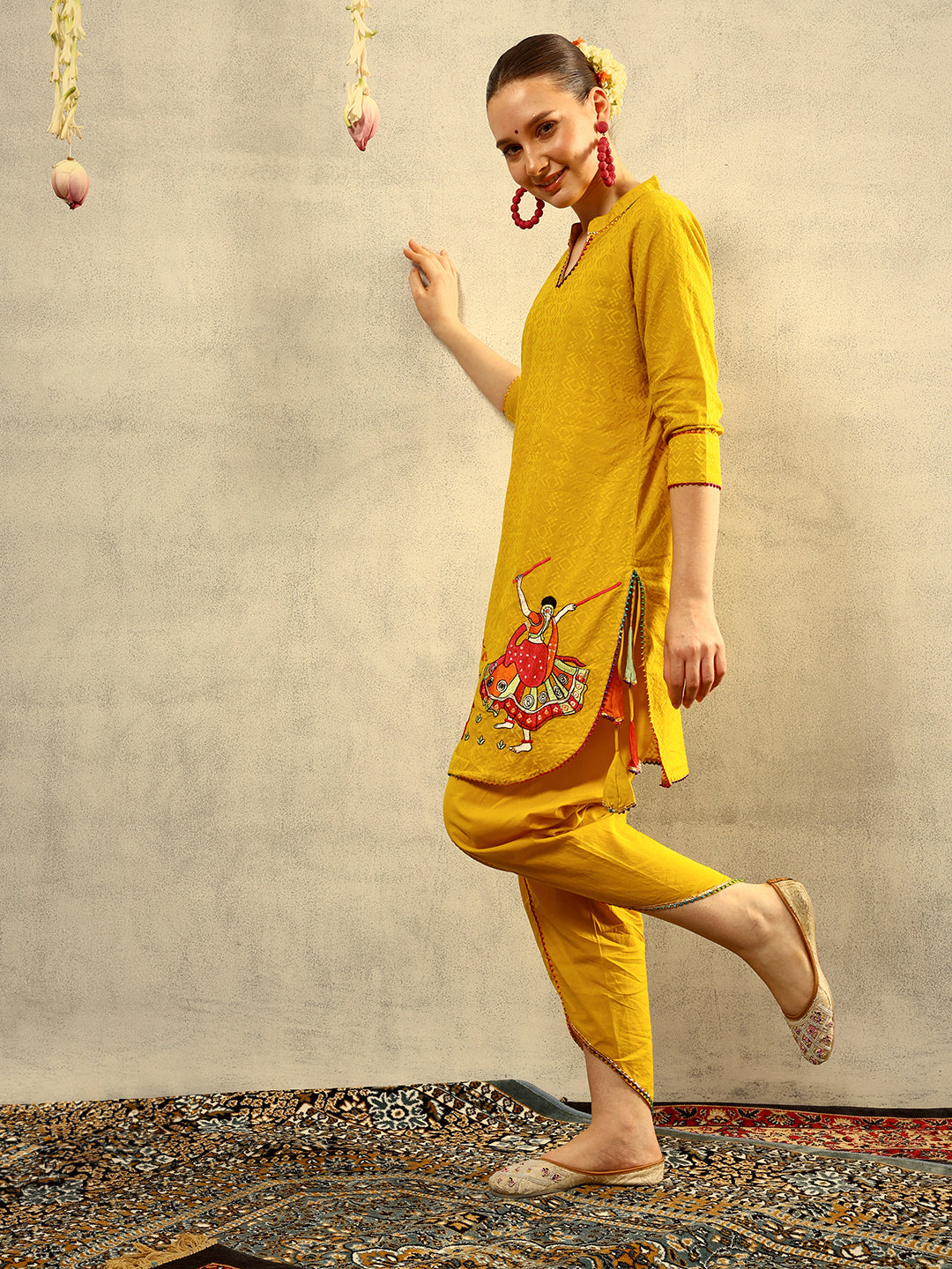 Yellow Bohemian Thread Embroidered Kurta with Dhoti Pants