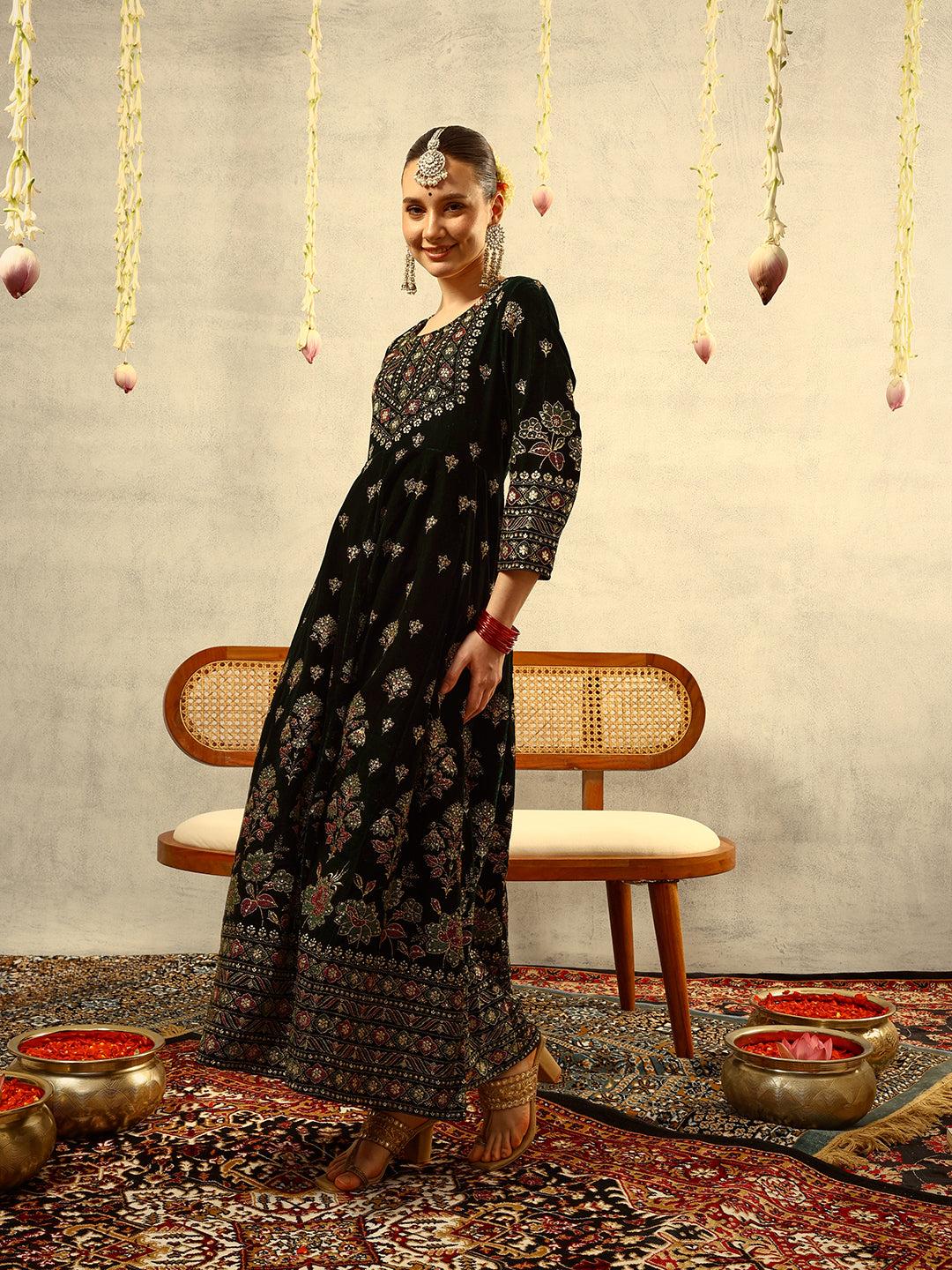 Ishin Green Gold Printed Anarkali Festive Kurta with Trouser & Velvet Dupatta