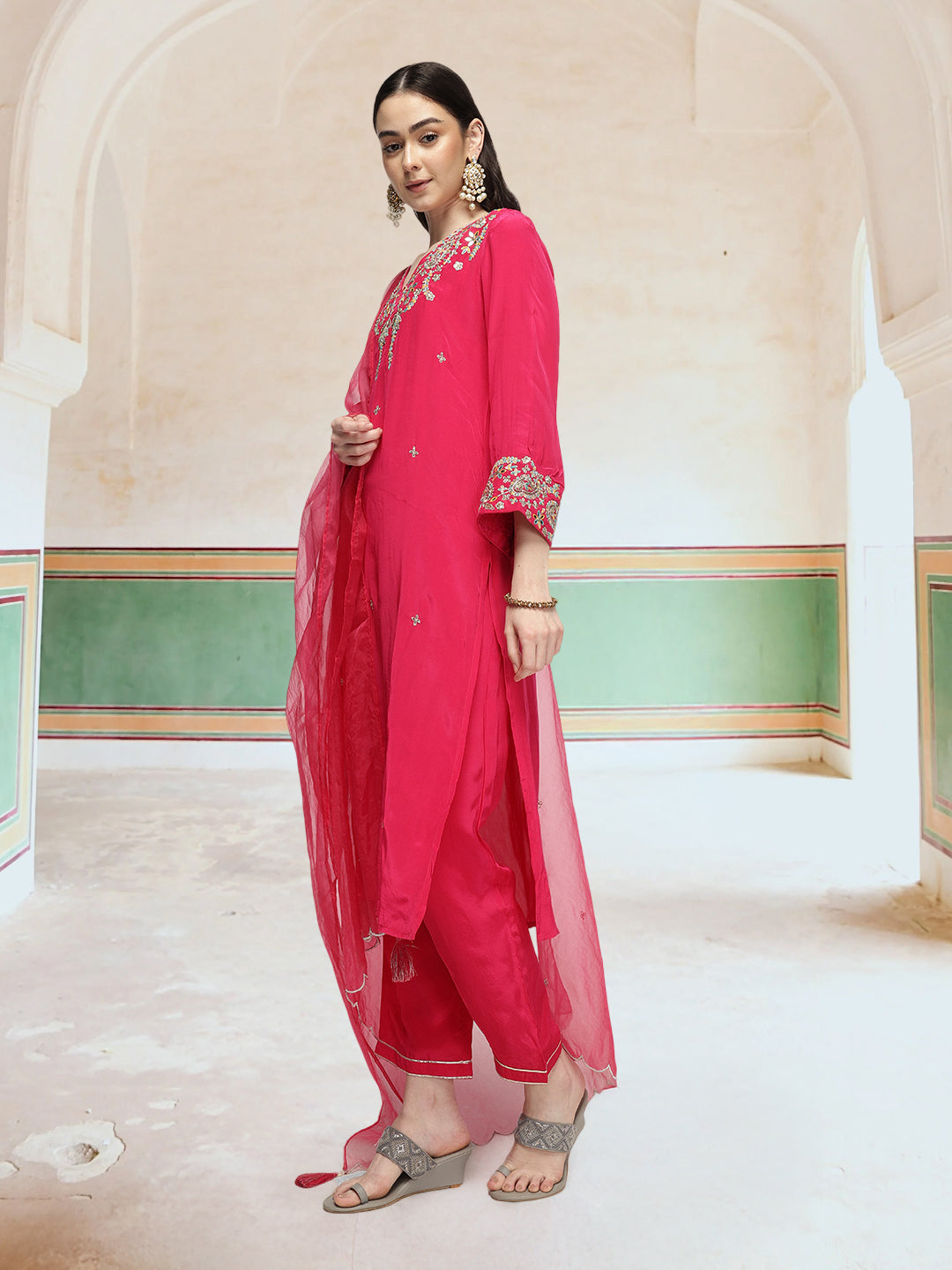Graceful Pink Chinon Zari Embroidered Straight Fit  Kurta Set with scallop detailed dupatta
