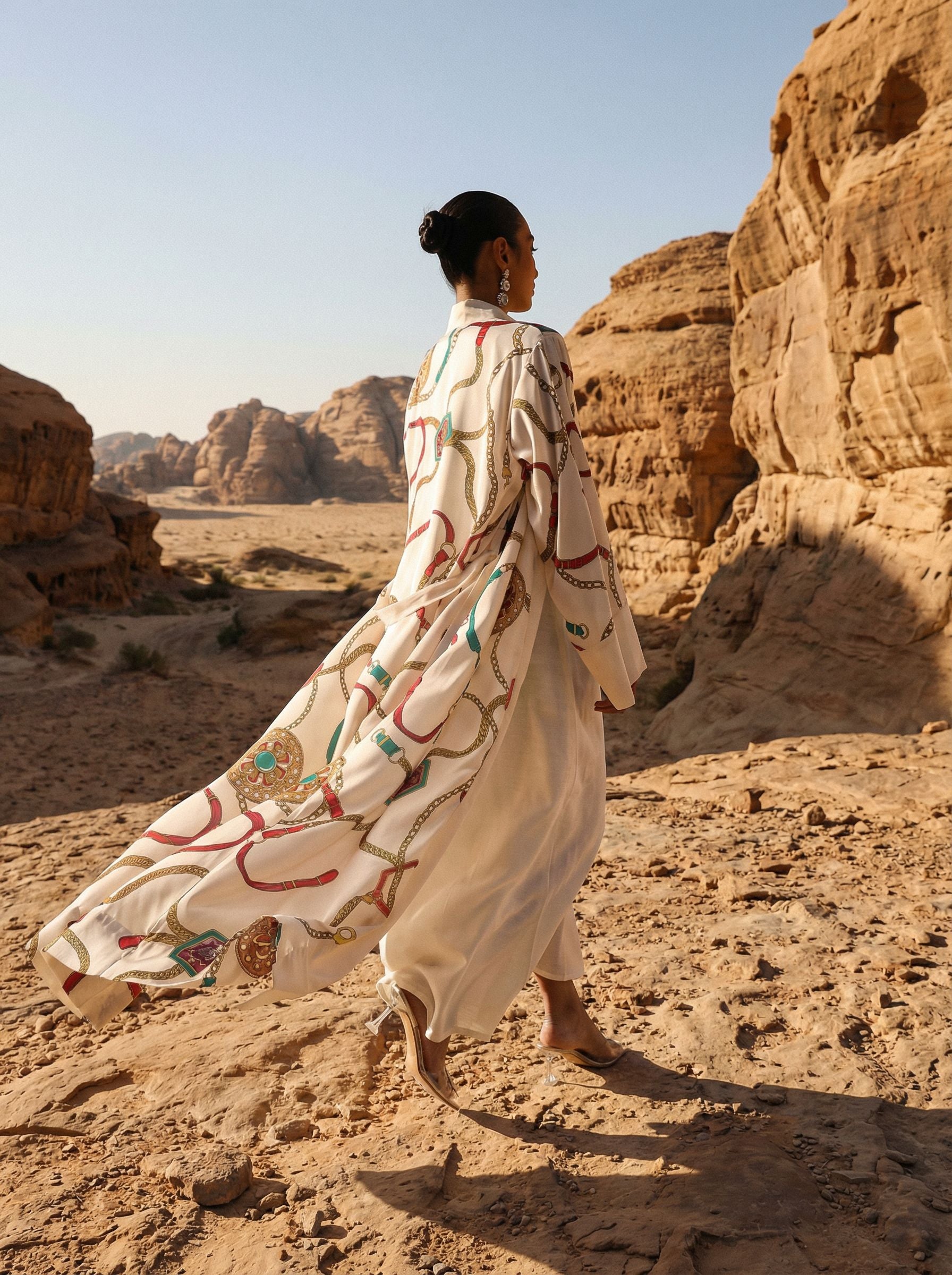 Rich Printed Woven Longline Offwhite Abaya with Hijab